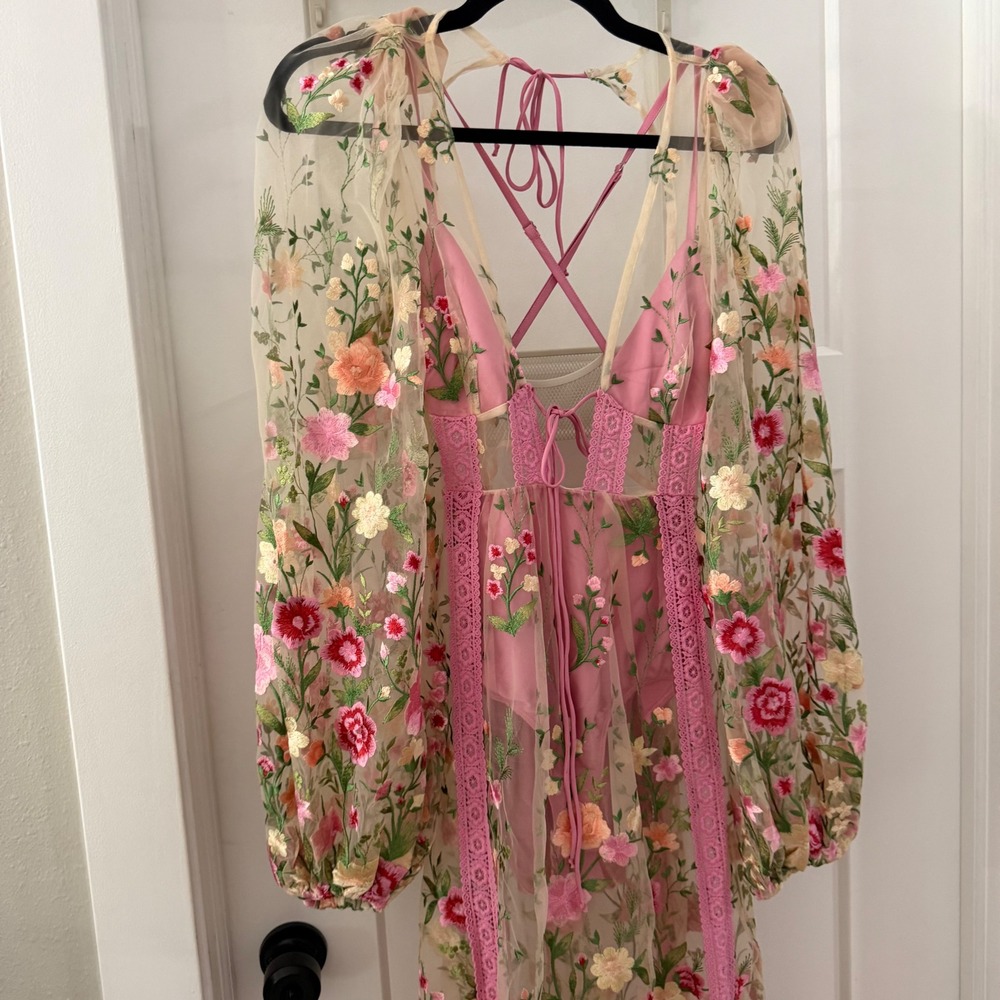For Love & Lemons Luna Sheer Floral Embroidered Maxi Dress Pink Small NWT Boho - Picture 2 of 7